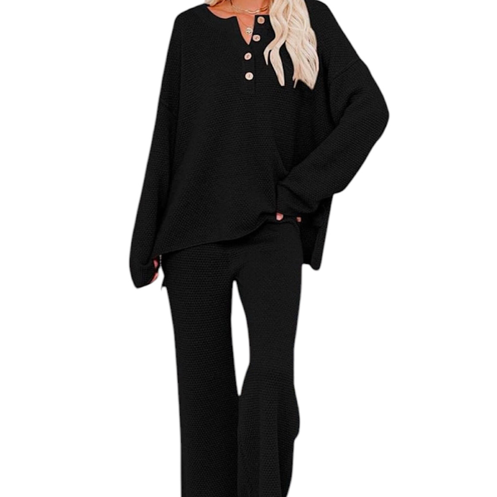 Black Henley Waffle Knit Lounge Set