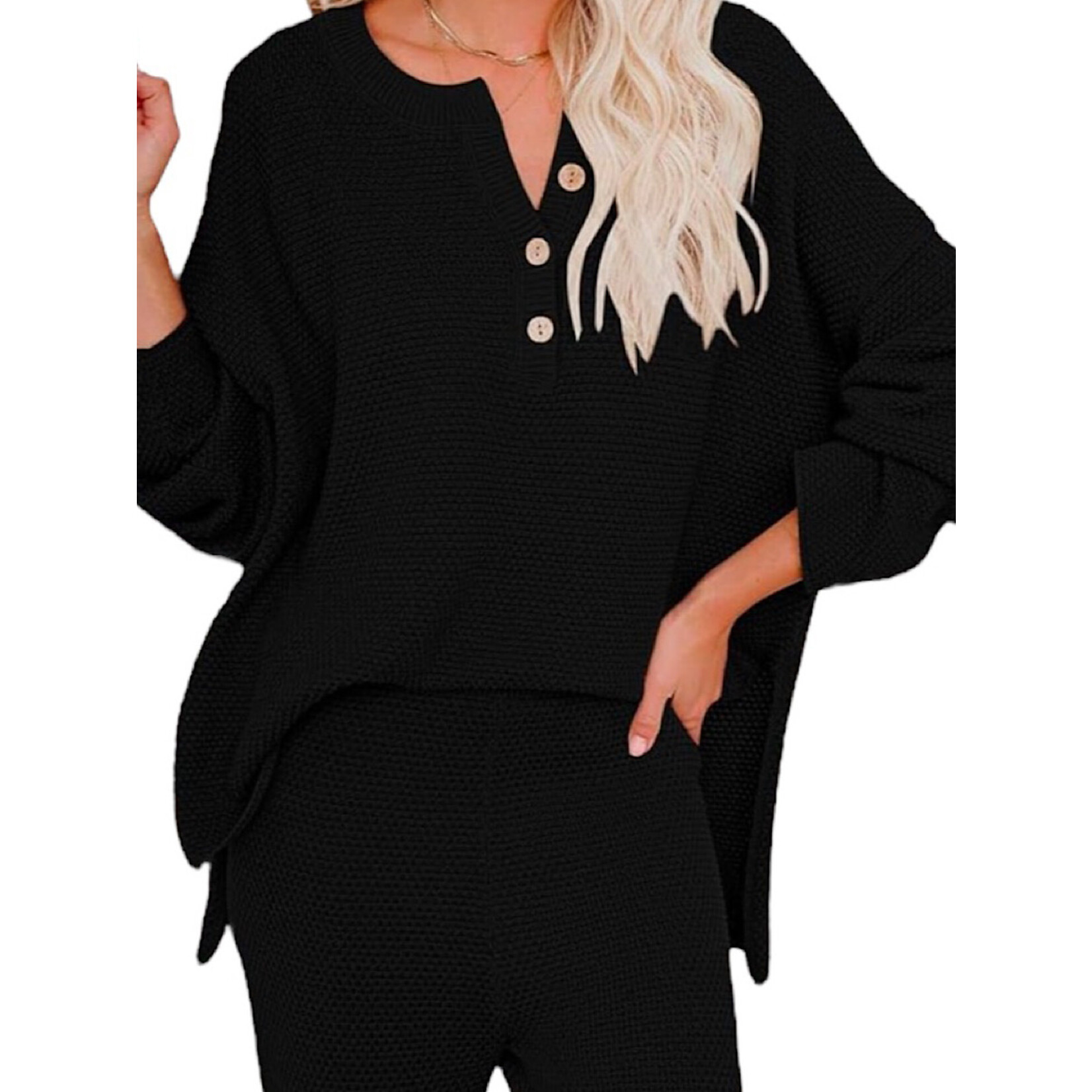 Black Henley Waffle Knit Lounge Set