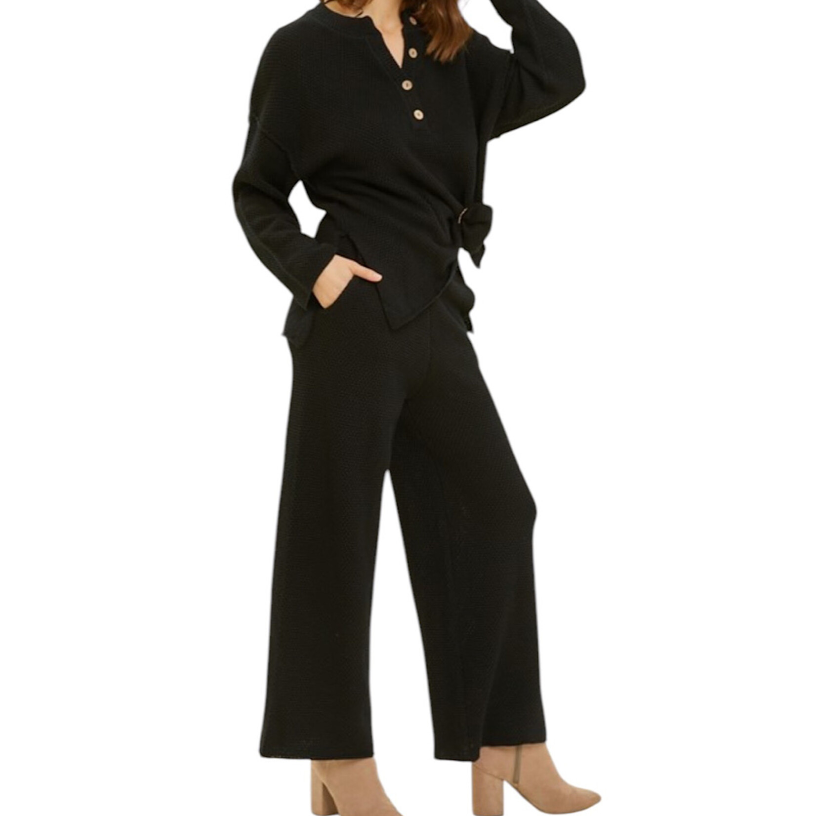 Black Henley Waffle Knit Lounge Set