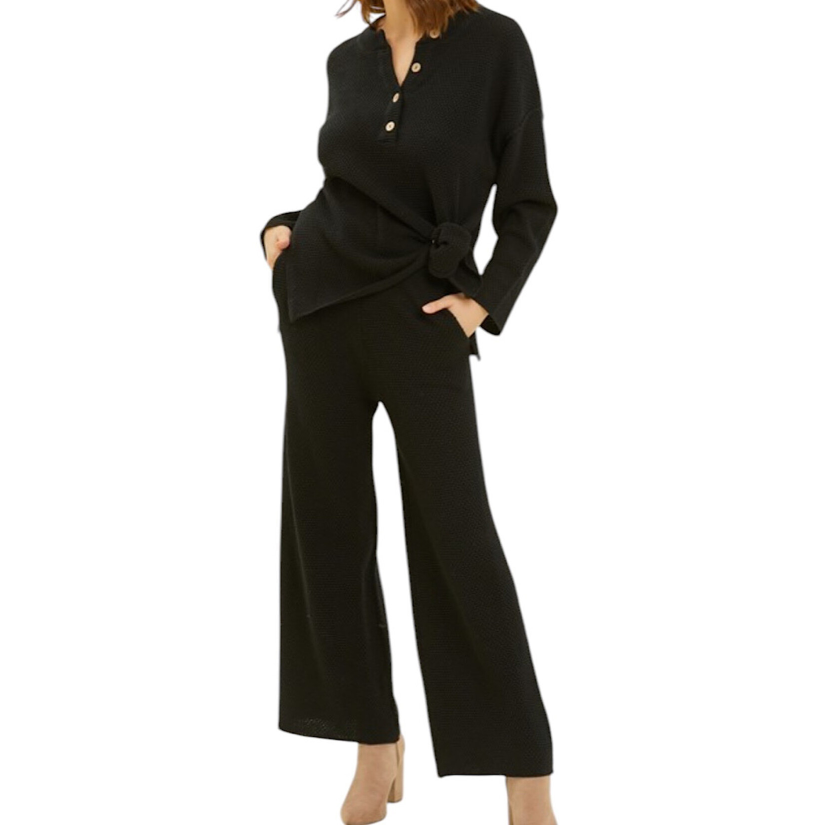 Black Henley Waffle Knit Lounge Set