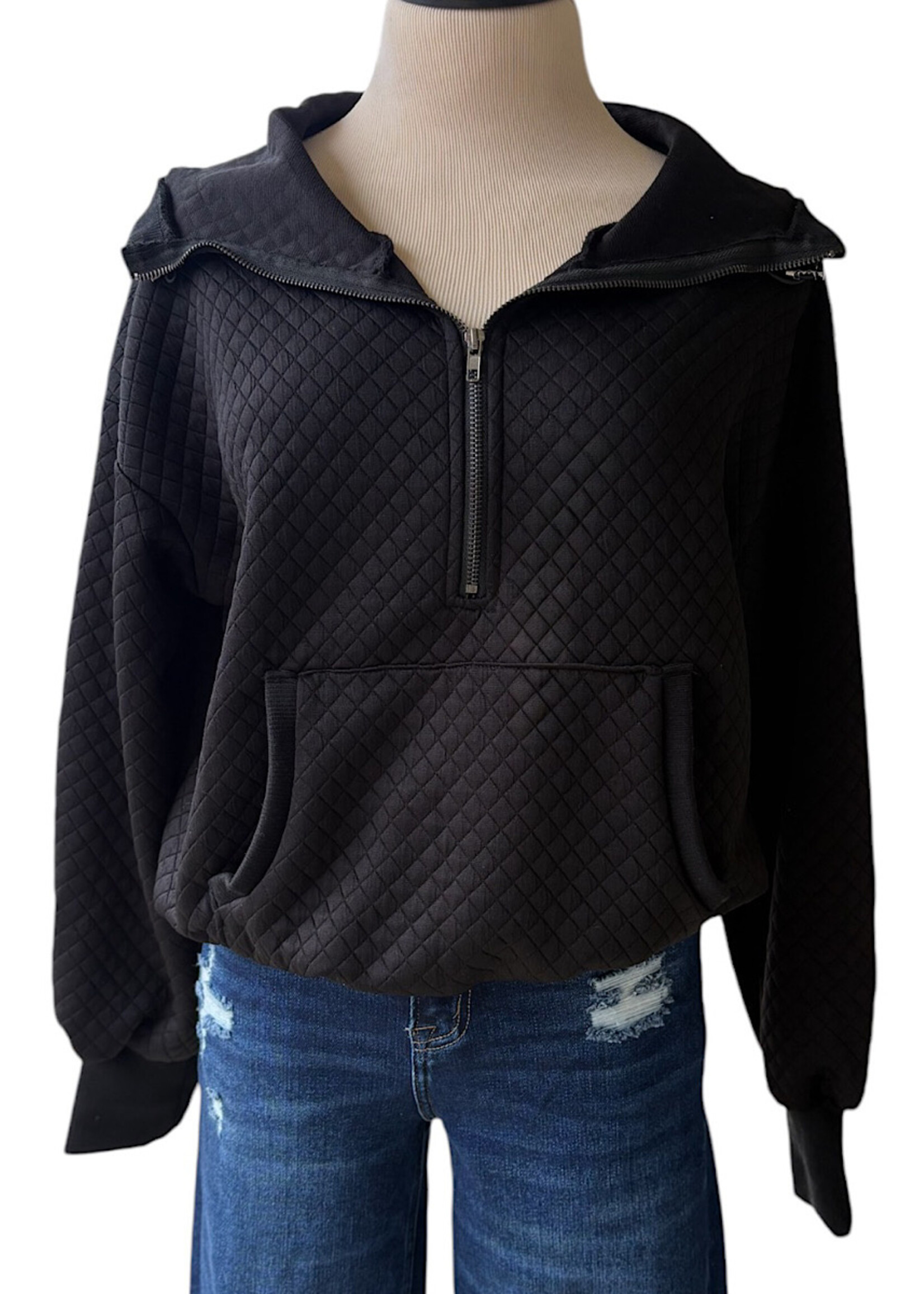 Black Quilted Half Zip Knit Hoodie