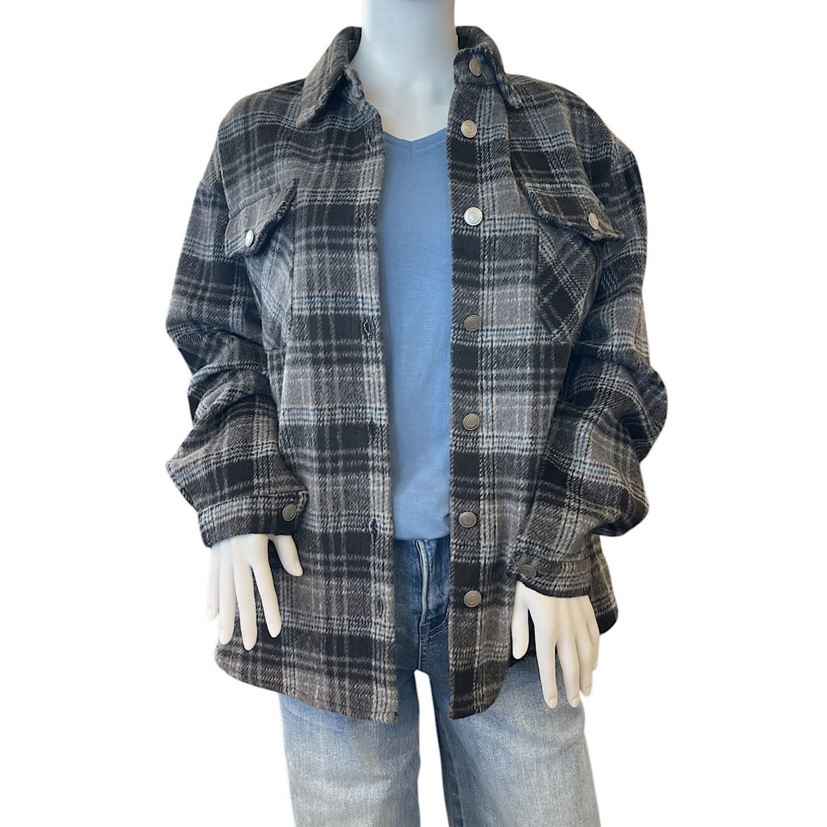 Black Plaid Button Down Shacket with Chest Pockets