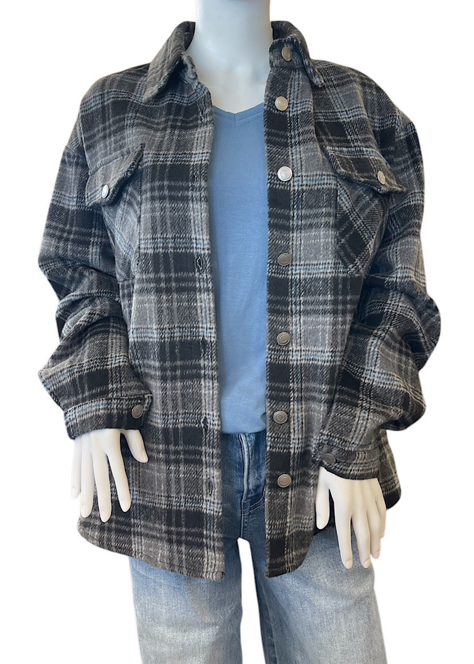 Black Plaid Button Down Shacket with Chest Pockets