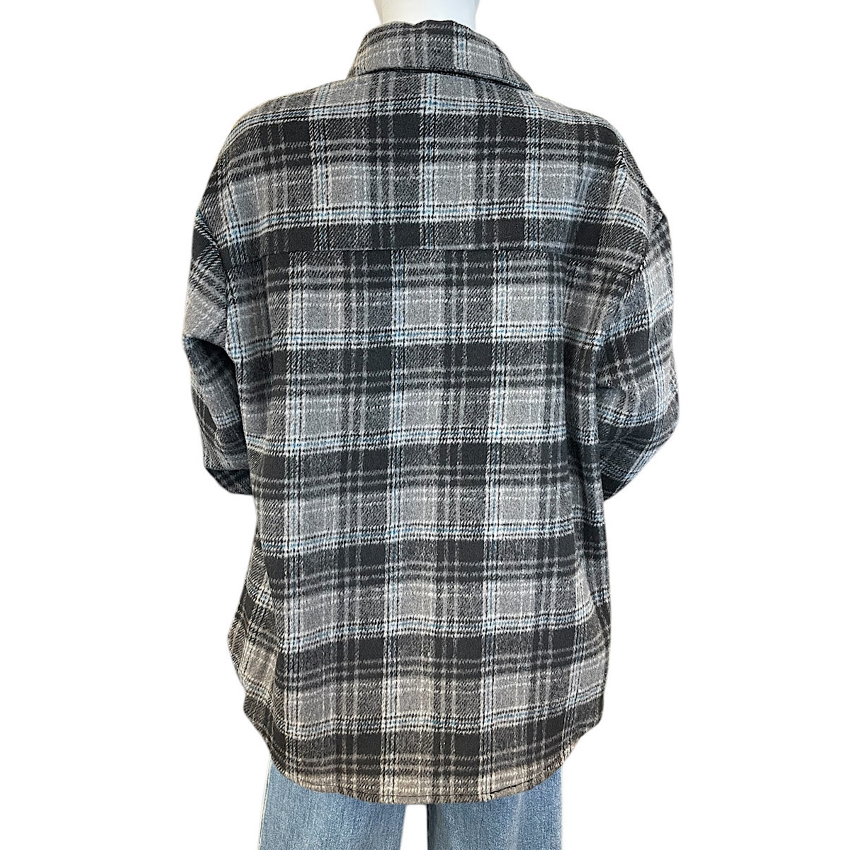 Black Plaid Button Down Shacket with Chest Pockets