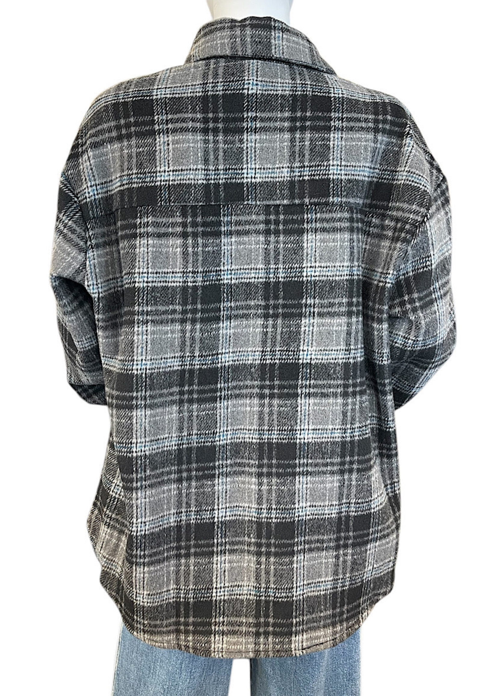 Black Plaid Button Down Shacket with Chest Pockets