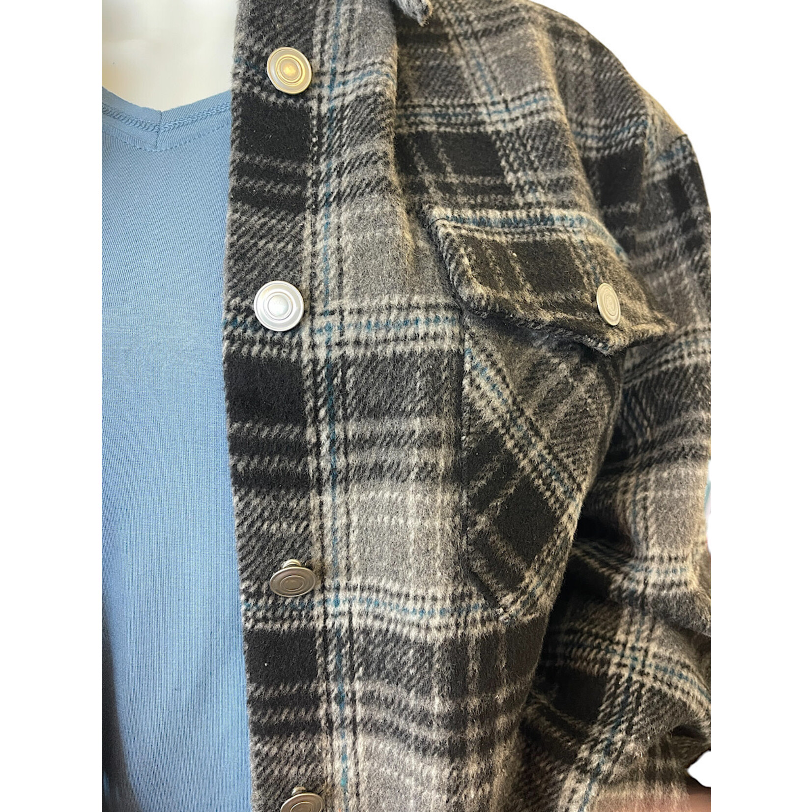 Black Plaid Button Down Shacket with Chest Pockets