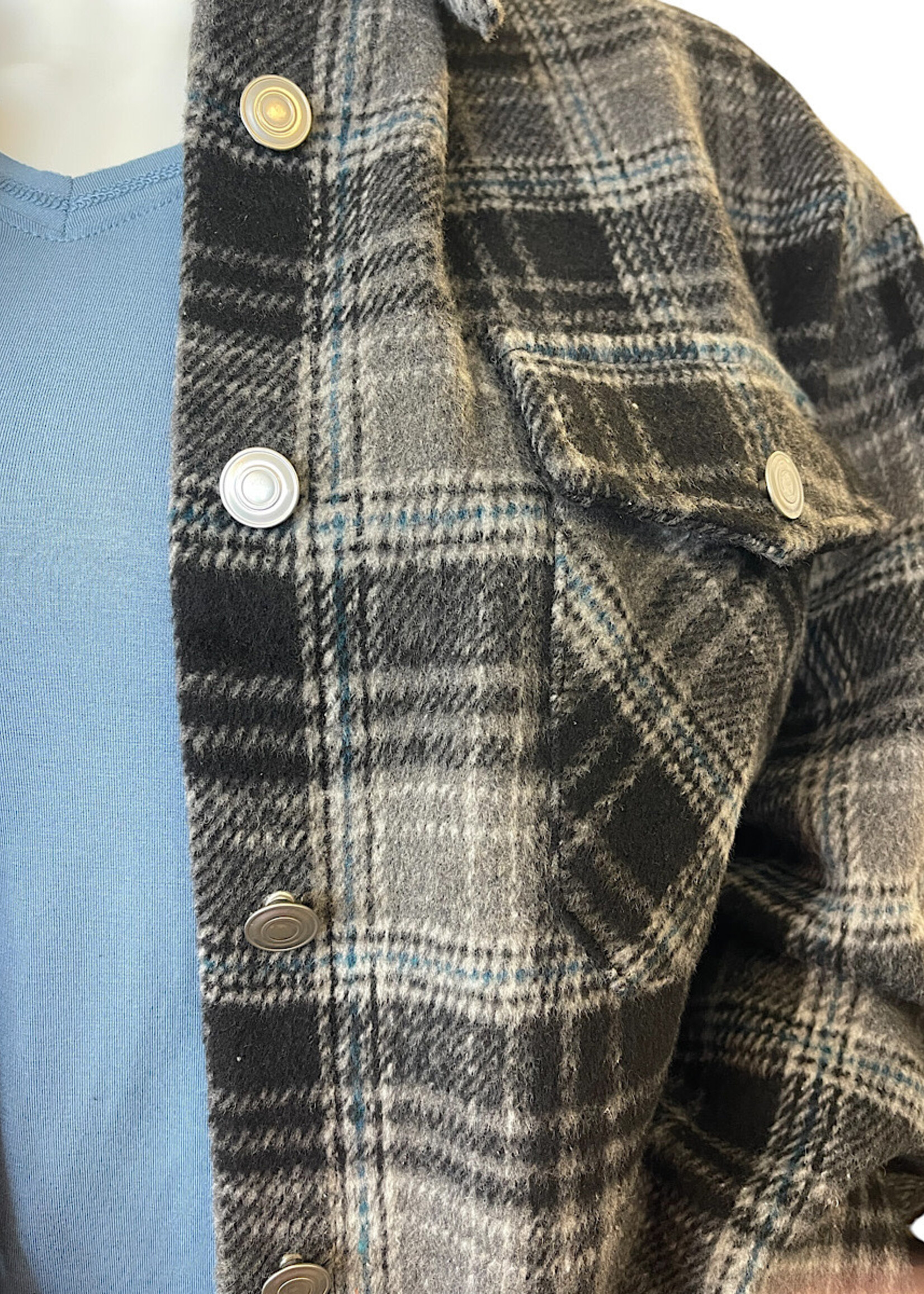 Black Plaid Button Down Shacket with Chest Pockets
