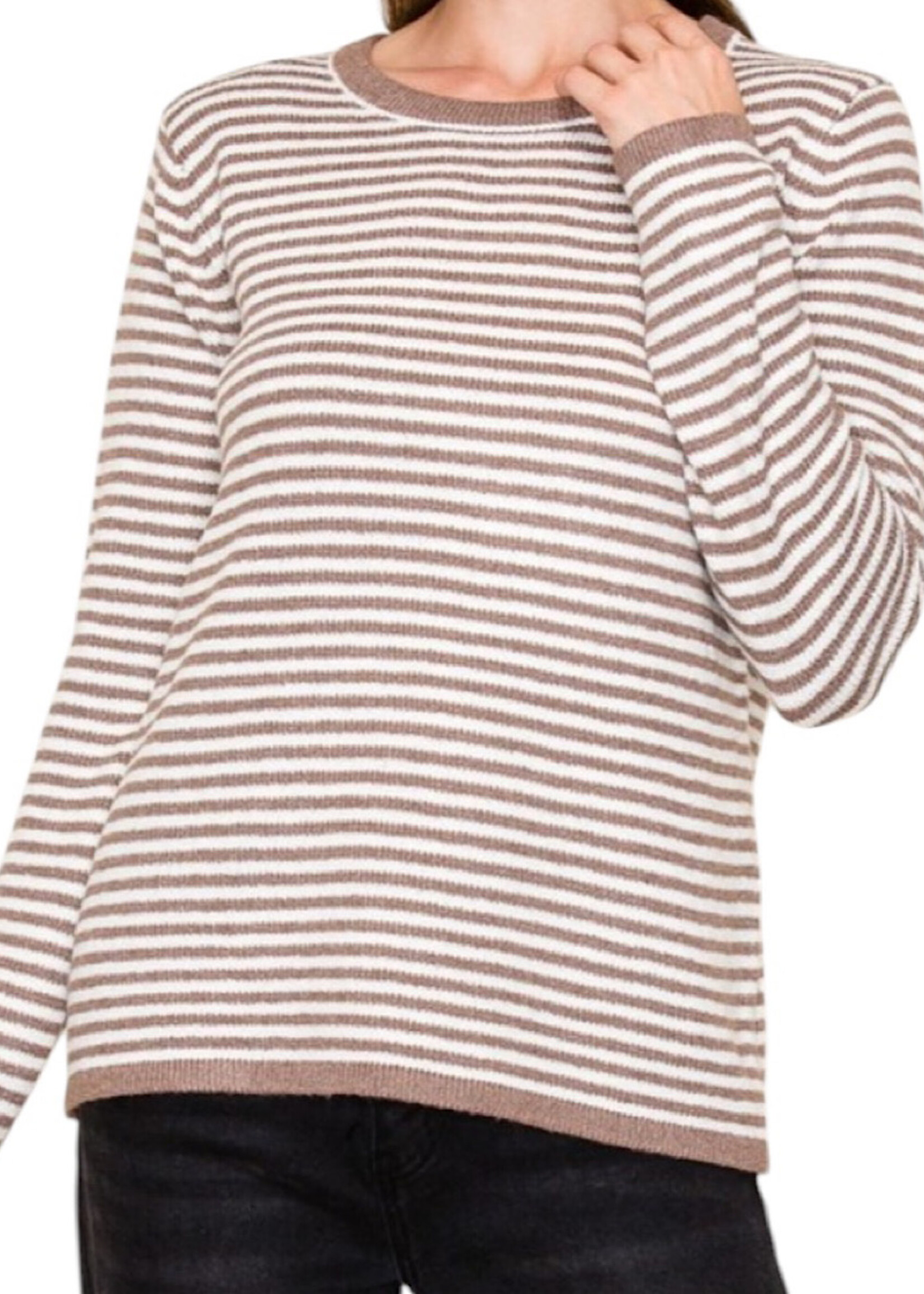 Mocha Striped Crew Neck Sweater