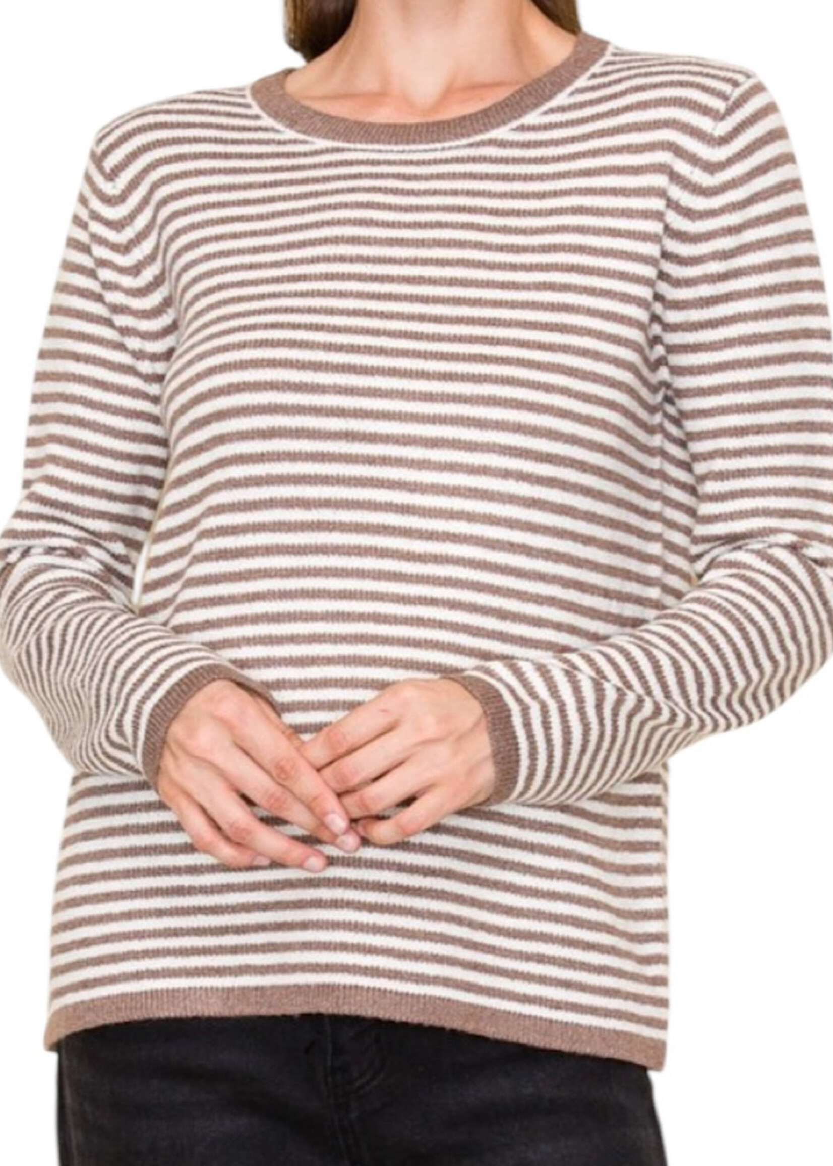 Mocha Striped Crew Neck Sweater