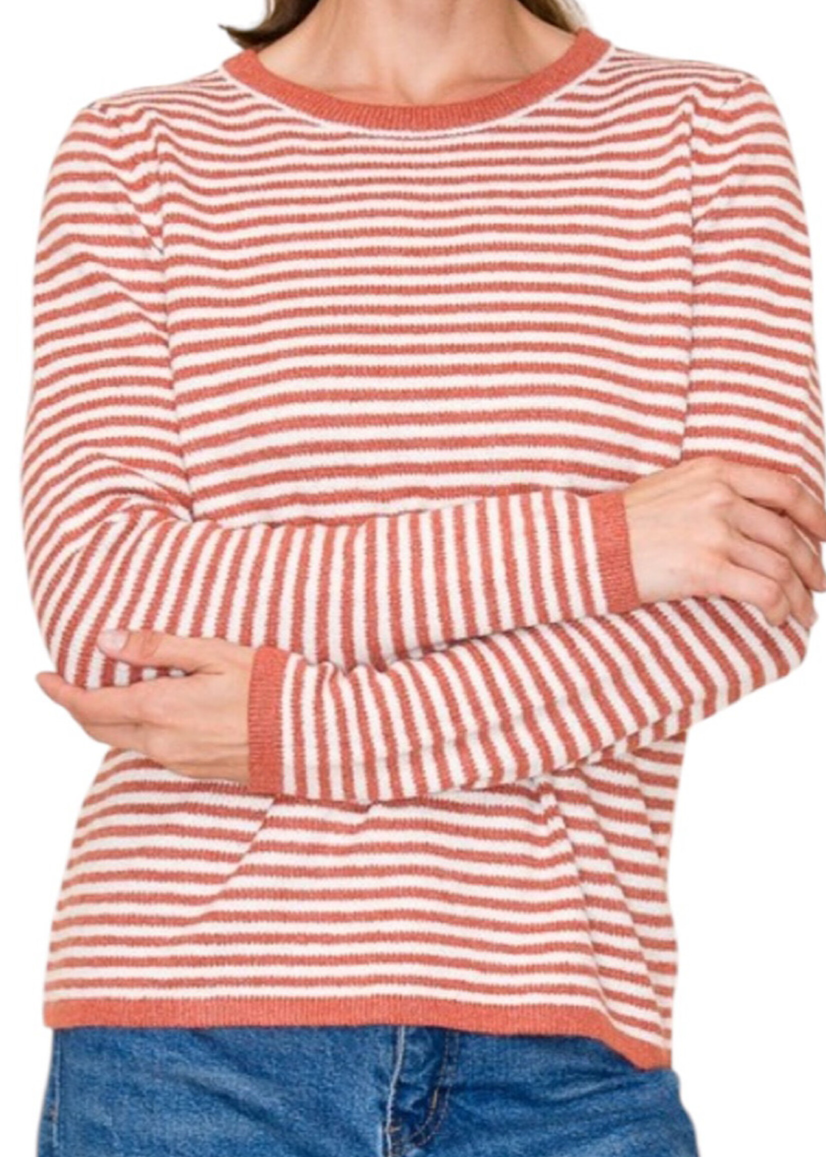 Light Rust Striped Crew Neck Sweater