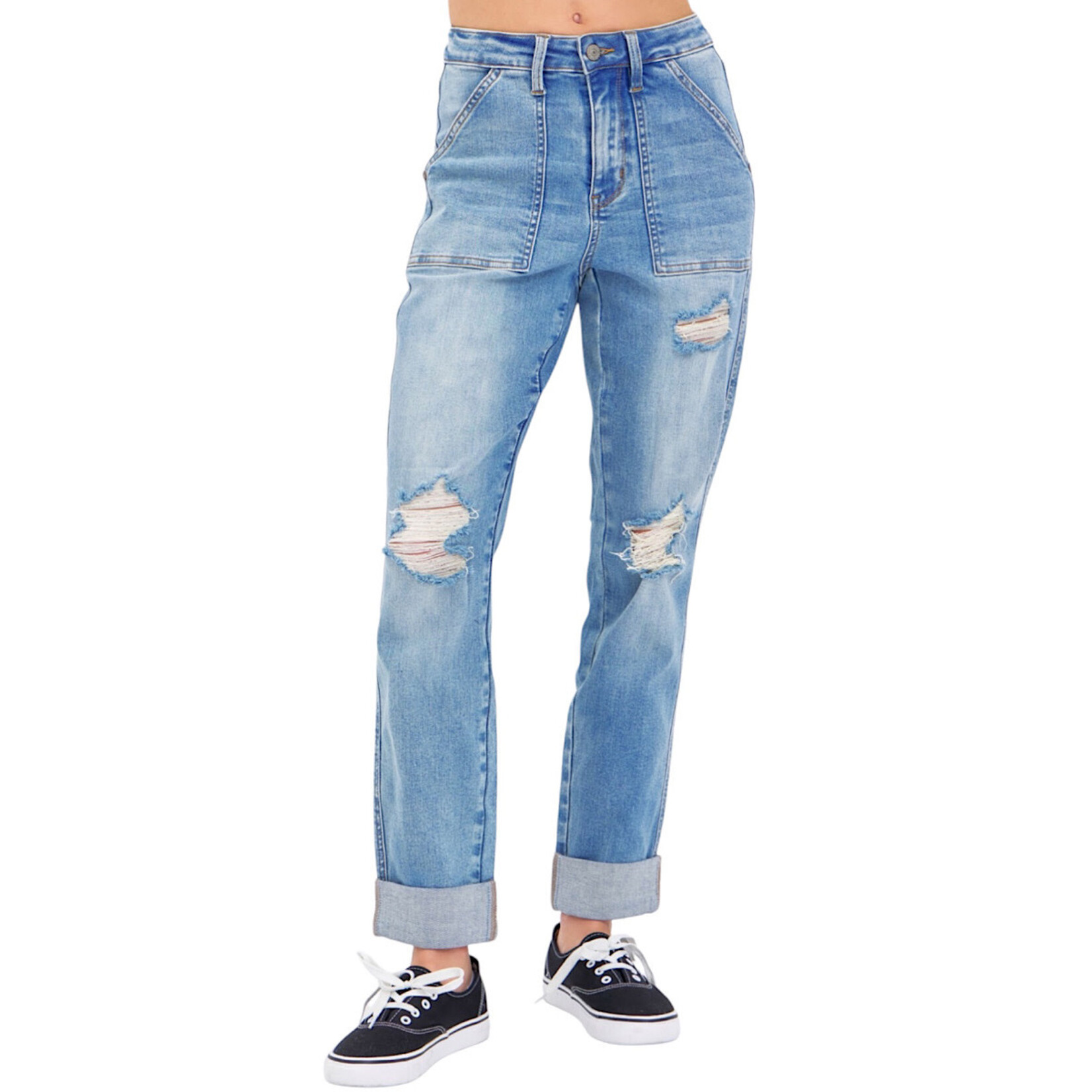Judy Blue JB88825REG High Waist Patch Pocket Destory Boyfriend