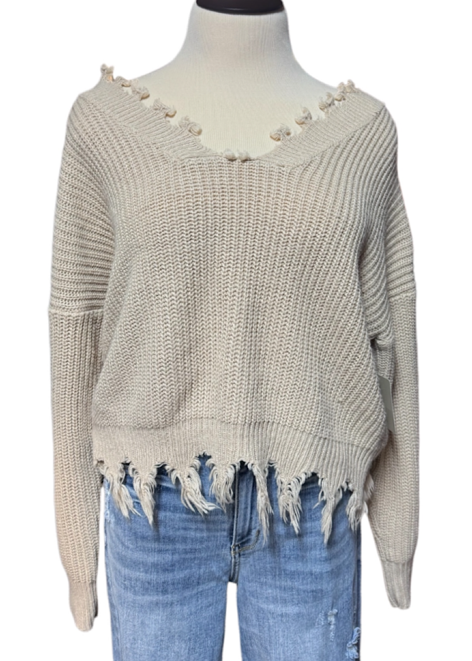 Beige Frayed Hem Sweater Size Large-RF