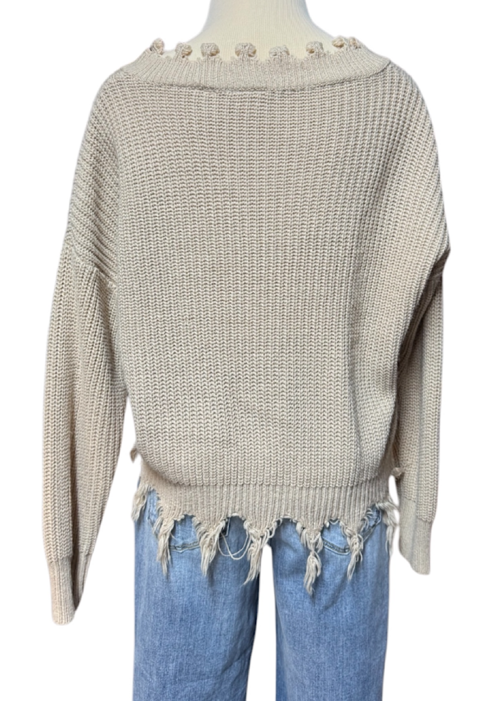 Beige Frayed Hem Sweater Size Large-RF
