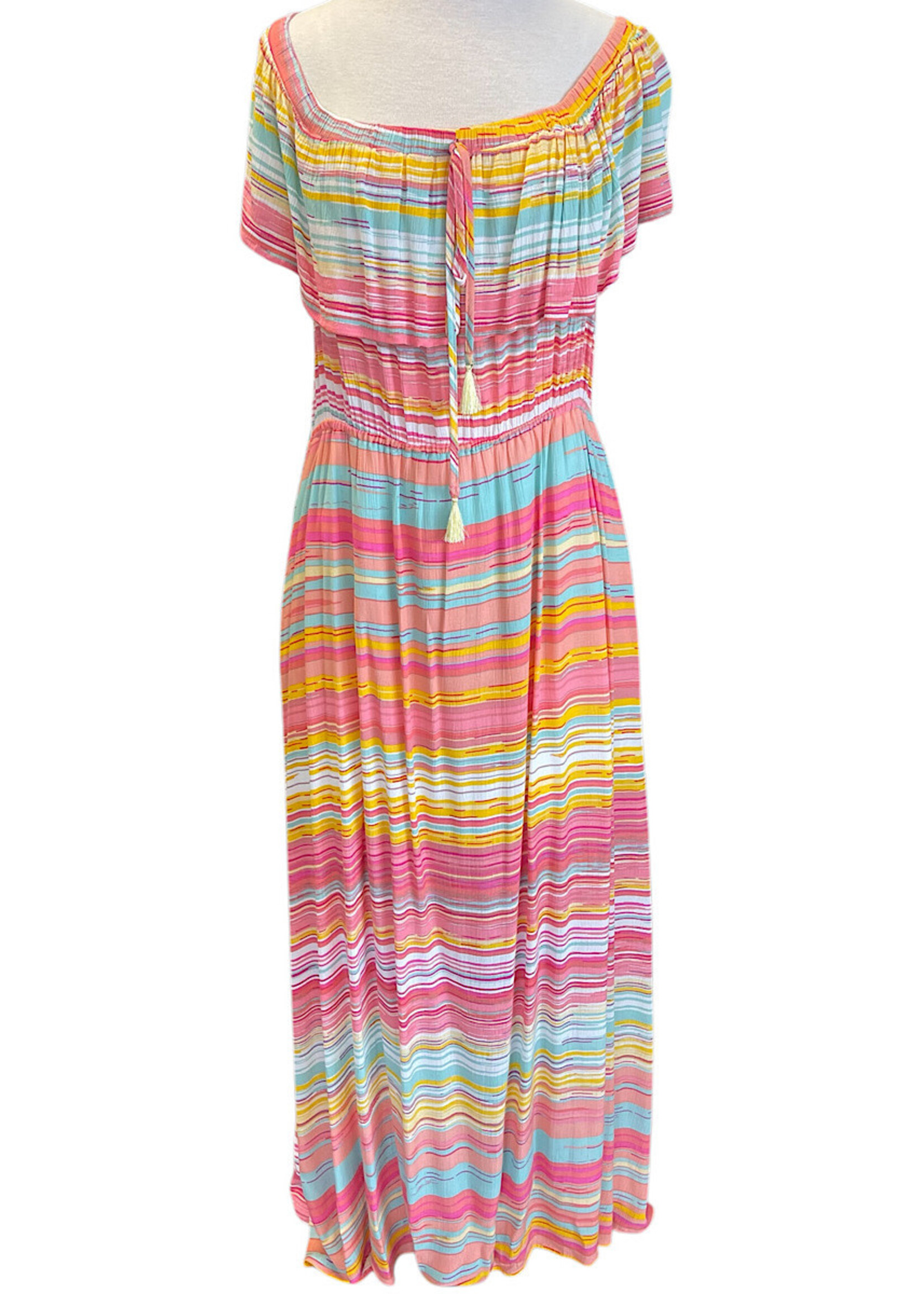 Coral Multi Striped Off Shoulder Dress 1xl
