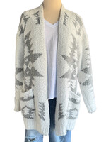 White and Grey Aztec Open Front Cardigan Size Medium-RF