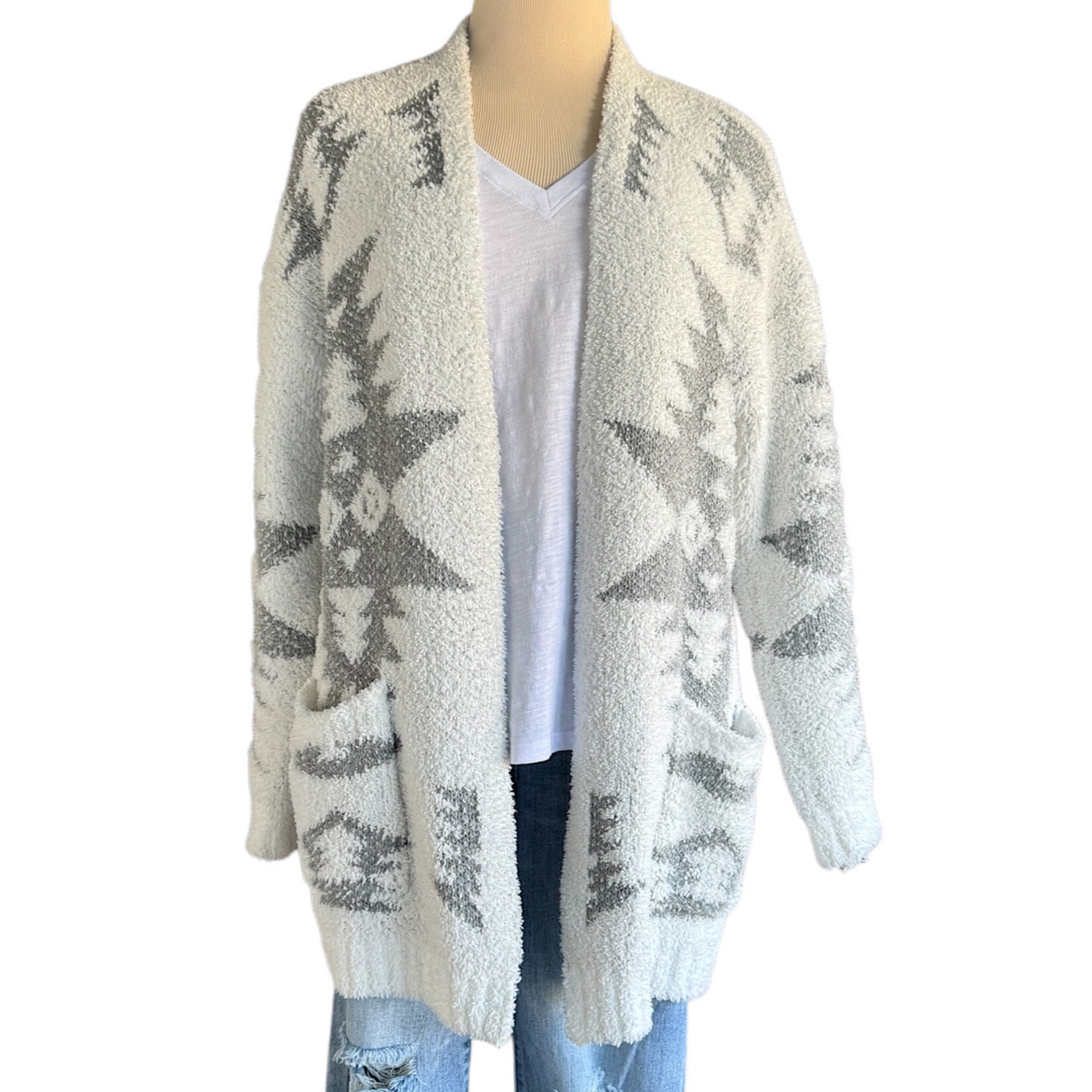 Staccato White and Grey Aztec Open Front Cardigan Size Medium-RF
