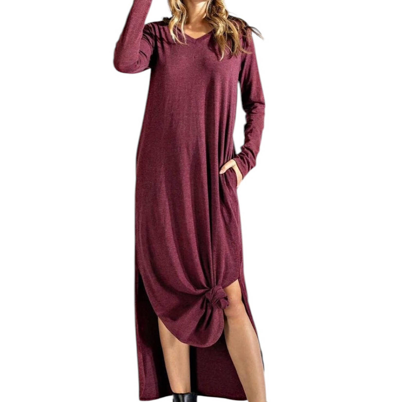 Wine Mineral Wash V-Neck L/S Dress