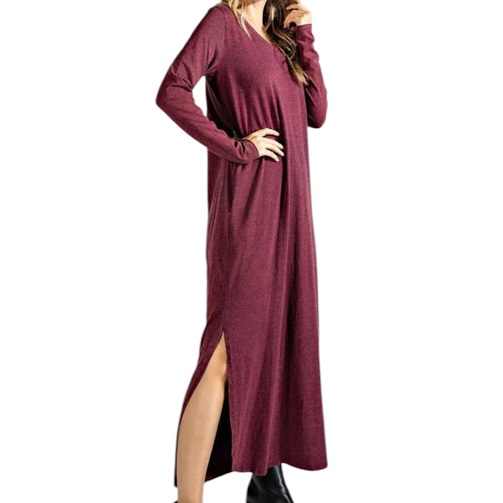 Wine Mineral Wash V-Neck L/S Dress