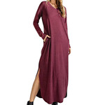 Wine Mineral Wash V-Neck L/S Dress