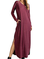 Wine Mineral Wash V-Neck L/S Dress