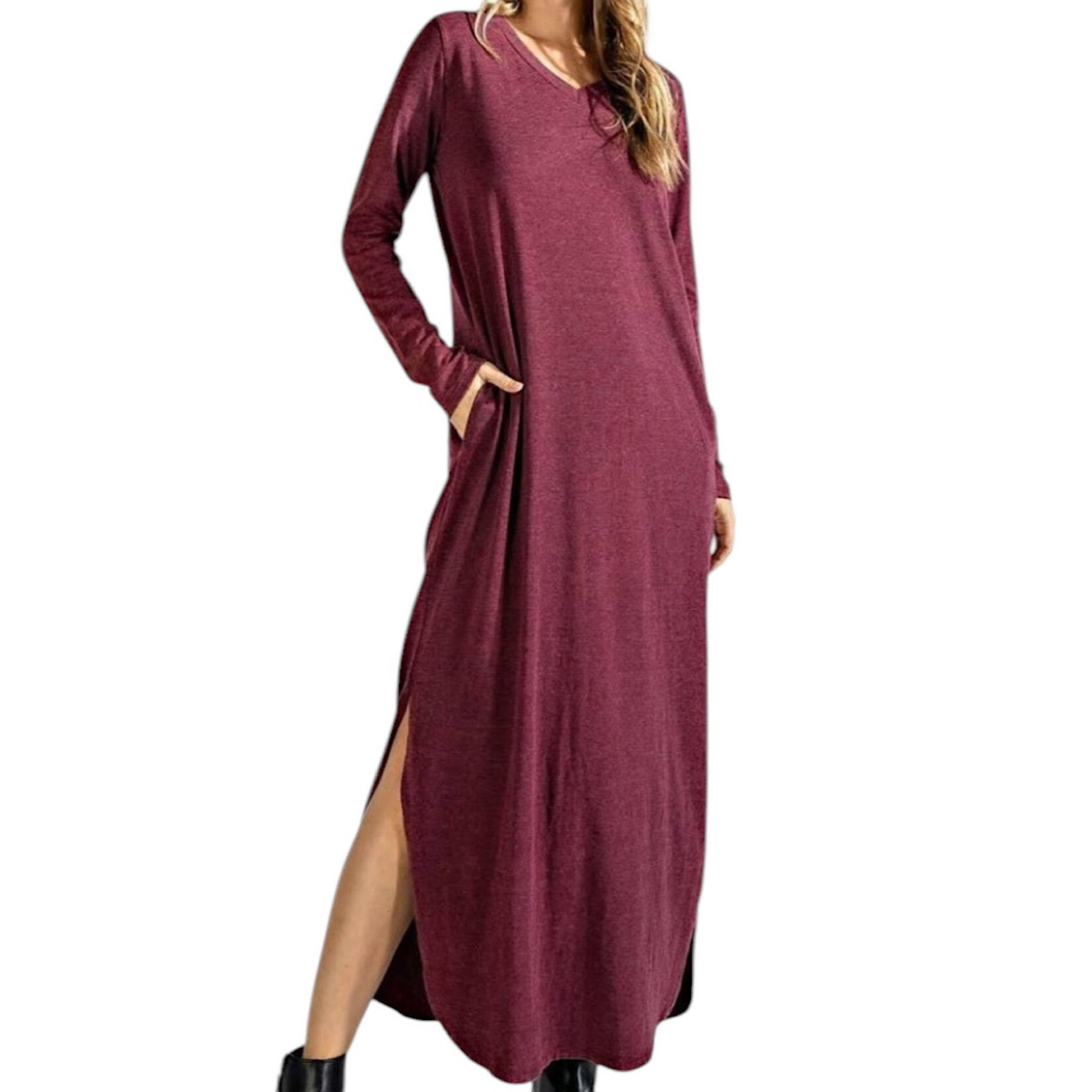 Wine Mineral Wash V-Neck L/S Dress