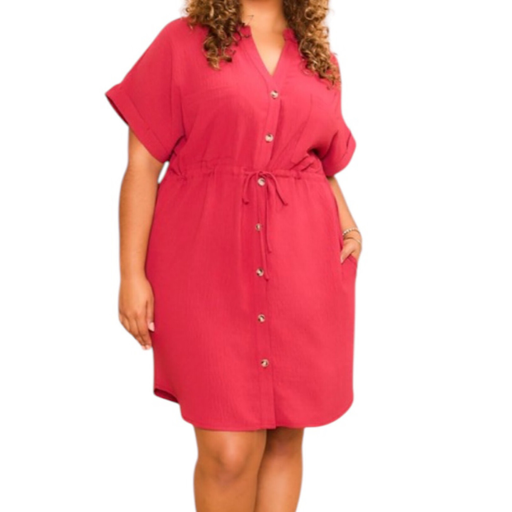 Plus Marsala V-Neck Dolman Waist Cinch Midi Shirt Dress