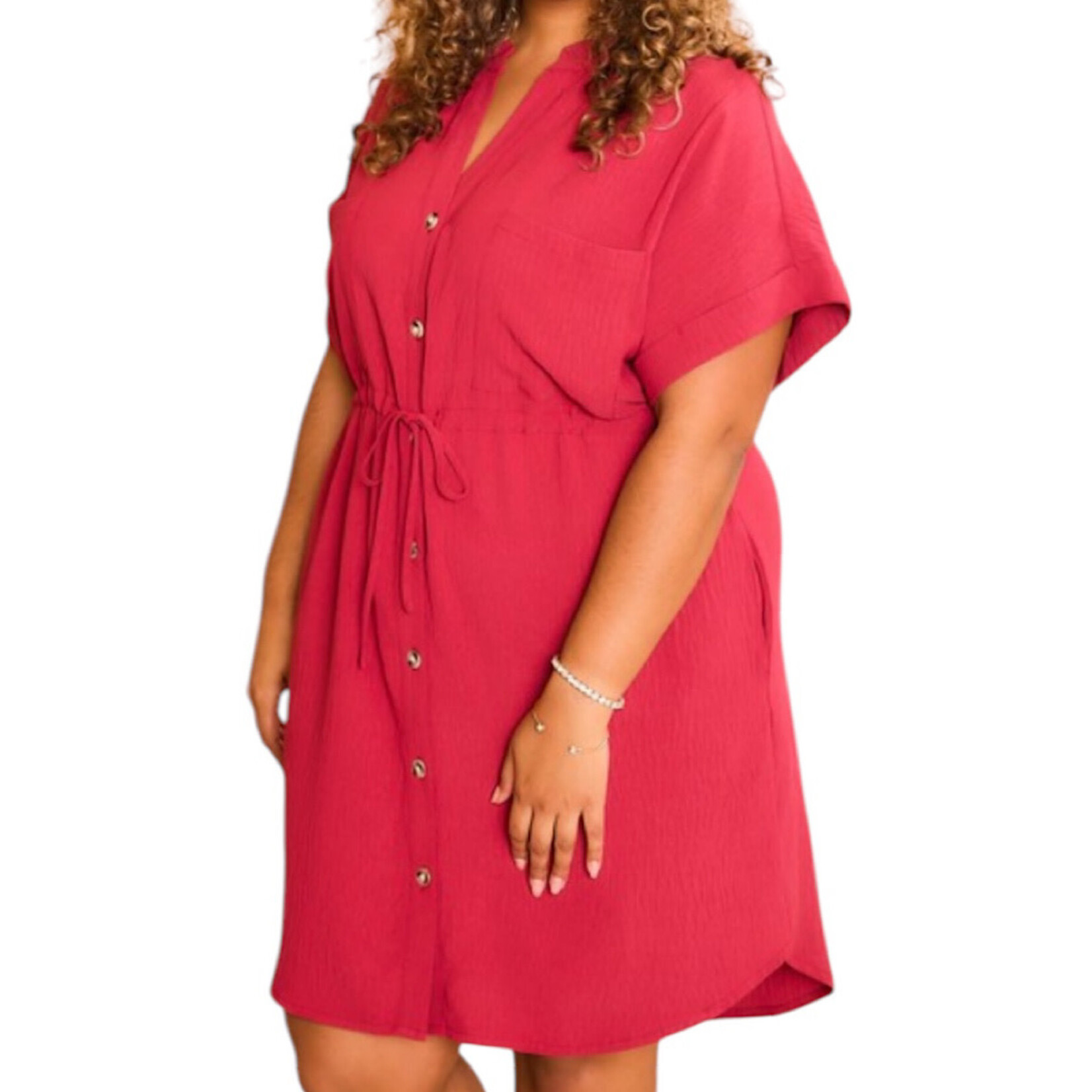 Plus Marsala V-Neck Dolman Waist Cinch Midi Shirt Dress