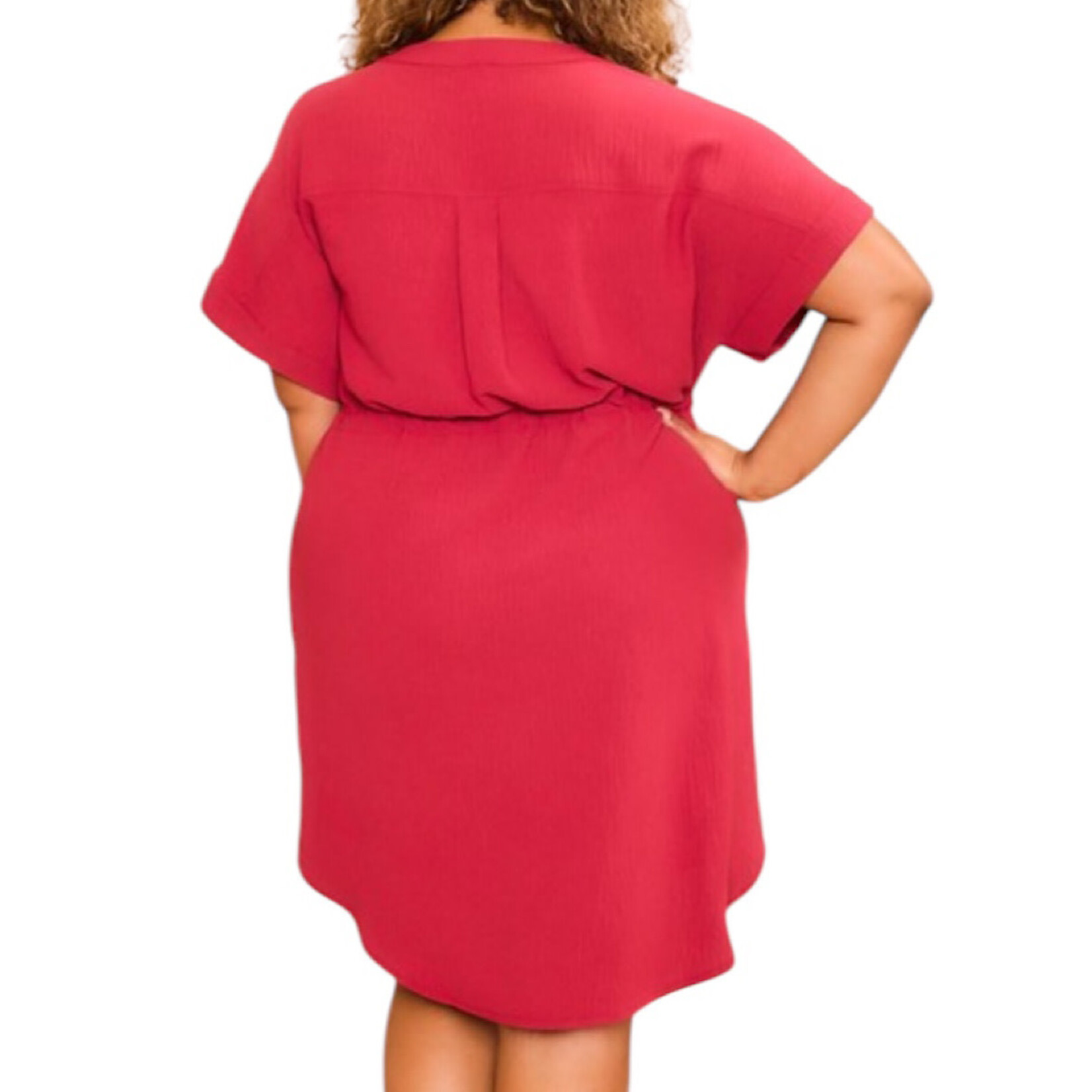 Plus Marsala V-Neck Dolman Waist Cinch Midi Shirt Dress