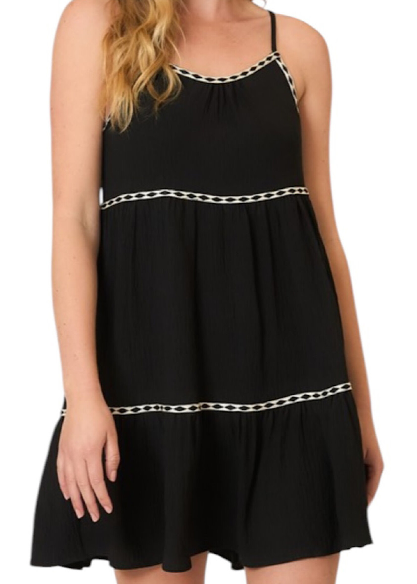 Black Tape Trim Sleeveless Tiered Mini Dress