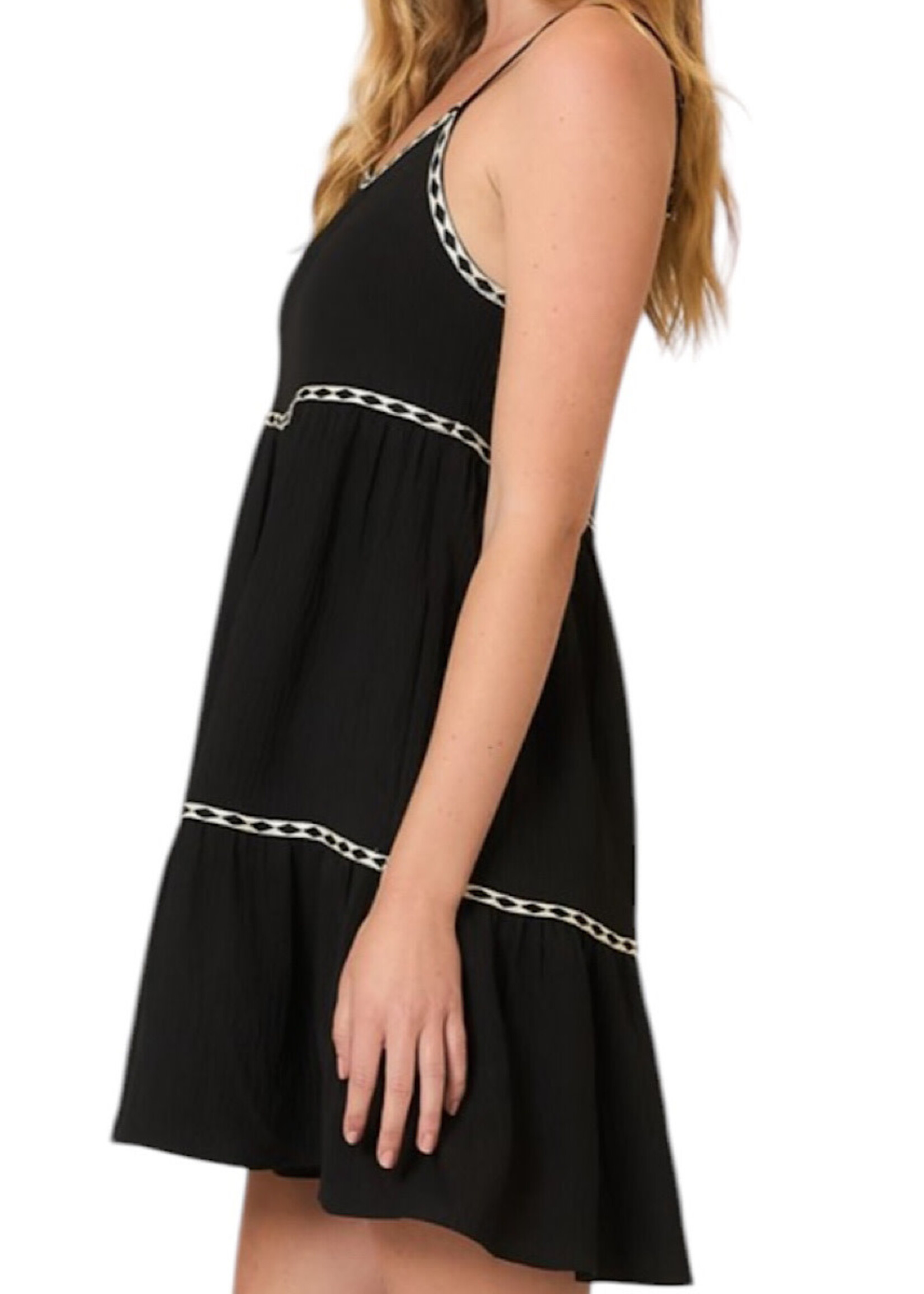 Black Tape Trim Sleeveless Tiered Mini Dress