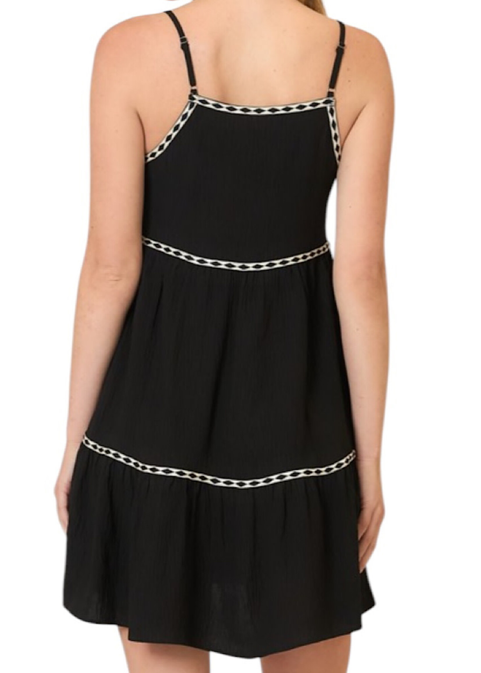 Black Tape Trim Sleeveless Tiered Mini Dress