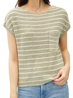 Sage Striped Cap Sleeve Sweater with Chest Pocket