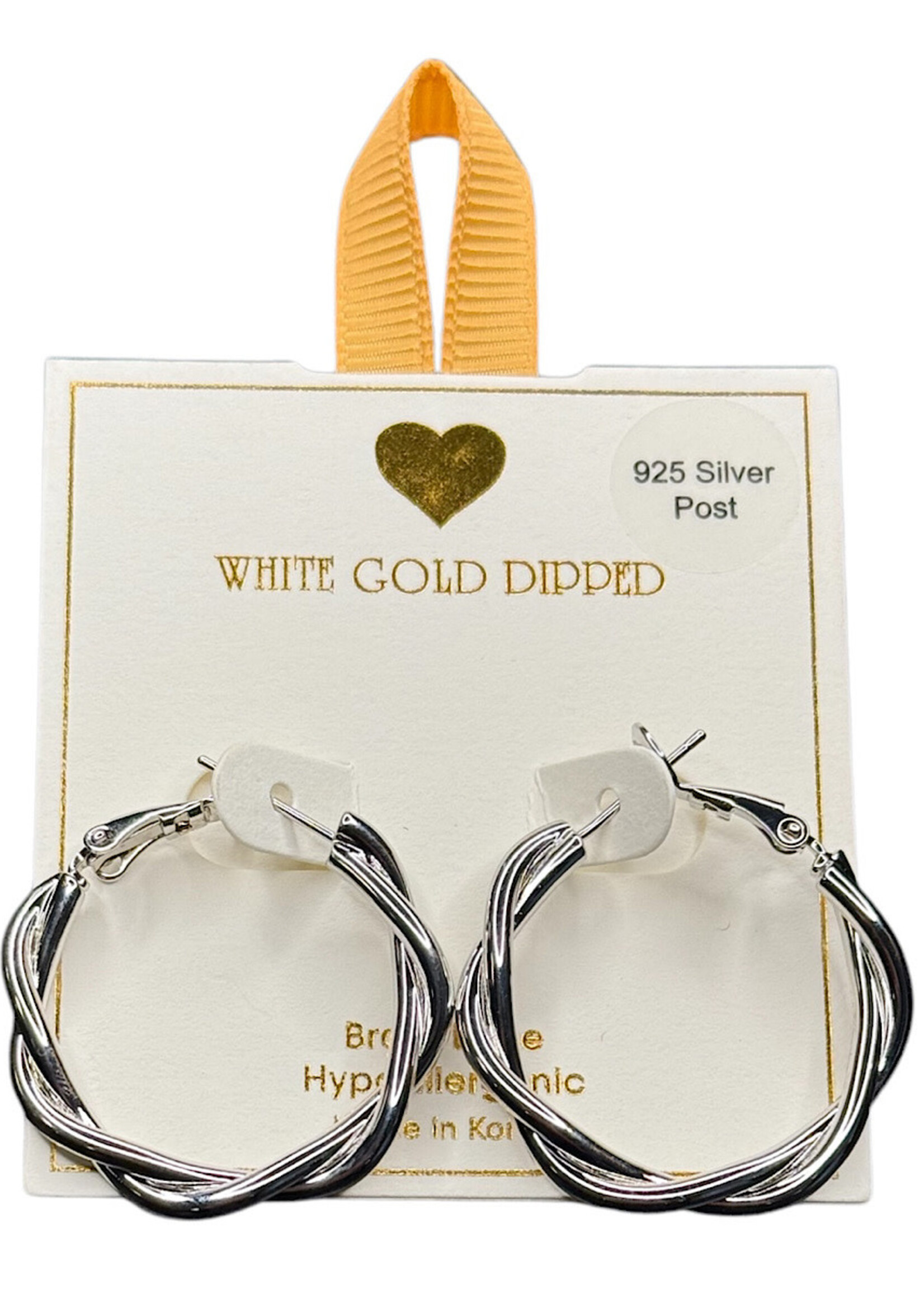 Yellow Ribbon White Gold Twist Hoop 925 Silver Post