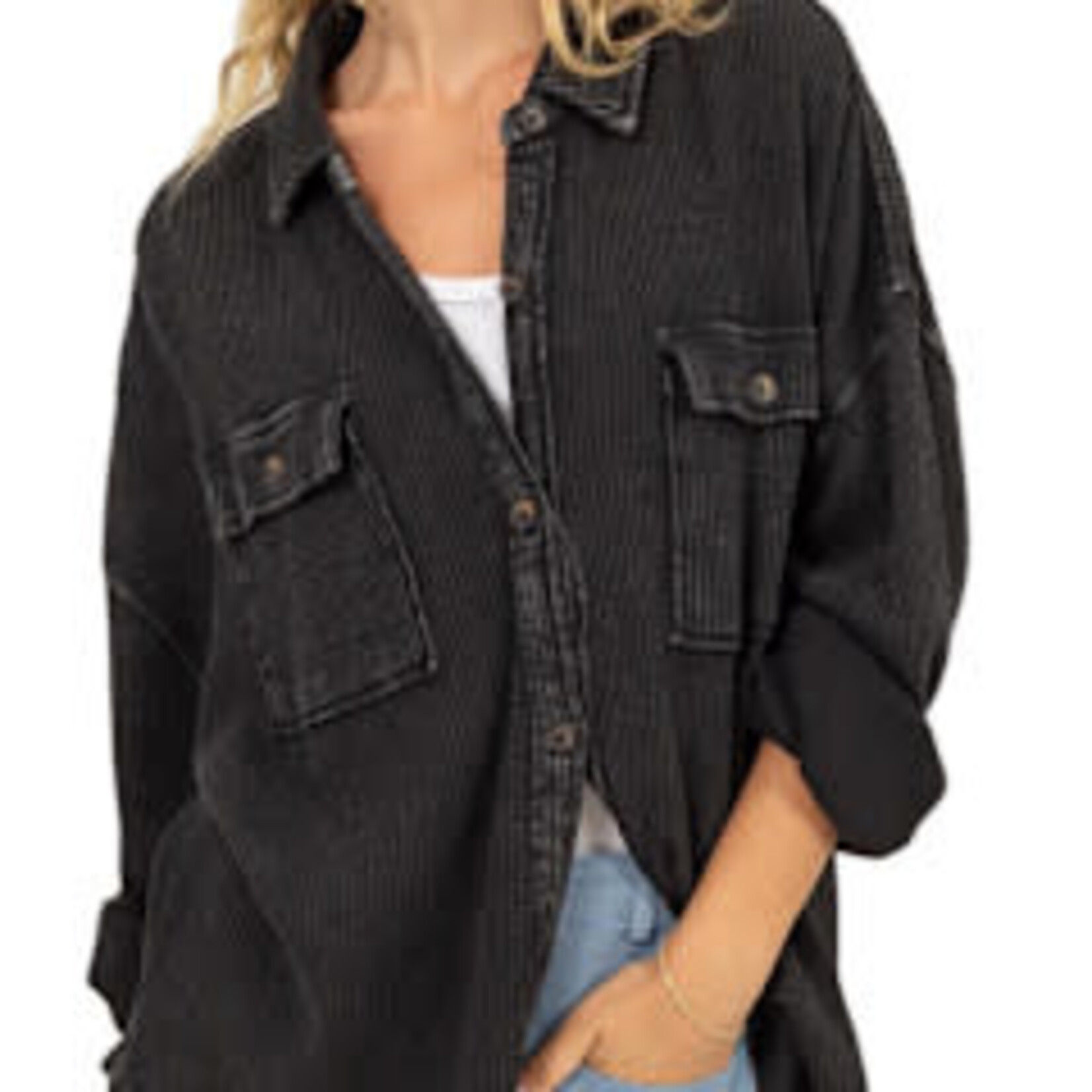Black Waffle Oversized Button Up Shacket