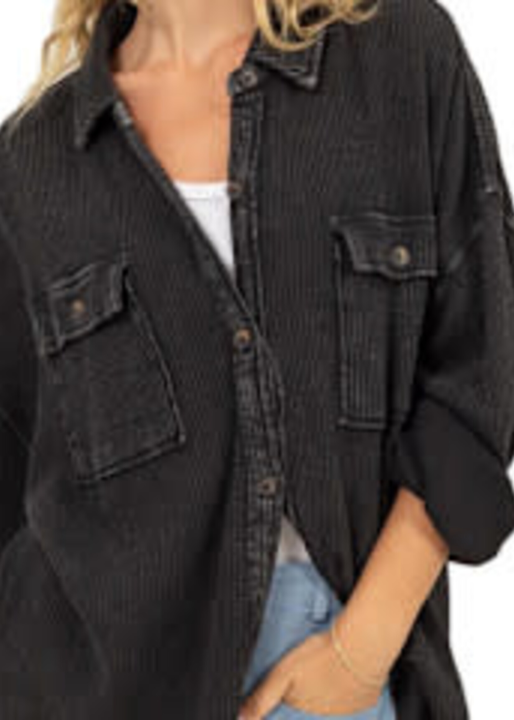 Black Waffle Oversized Button Up Shacket