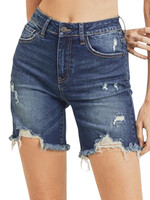 Risen Medium Wash High Waist Distressed Long Shorts RDS1052