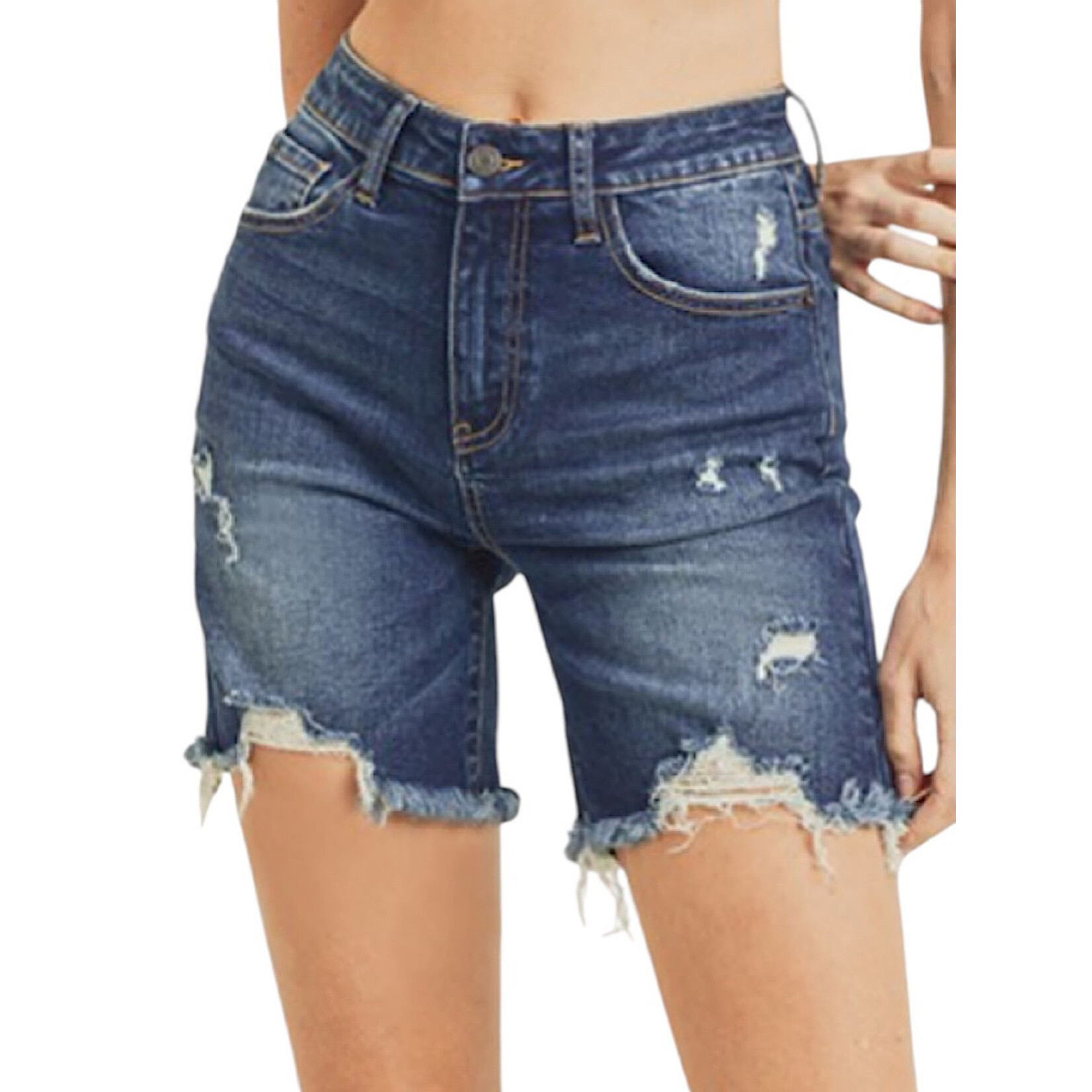 Risen Medium Wash High Waist Distressed Long Shorts RDS1052