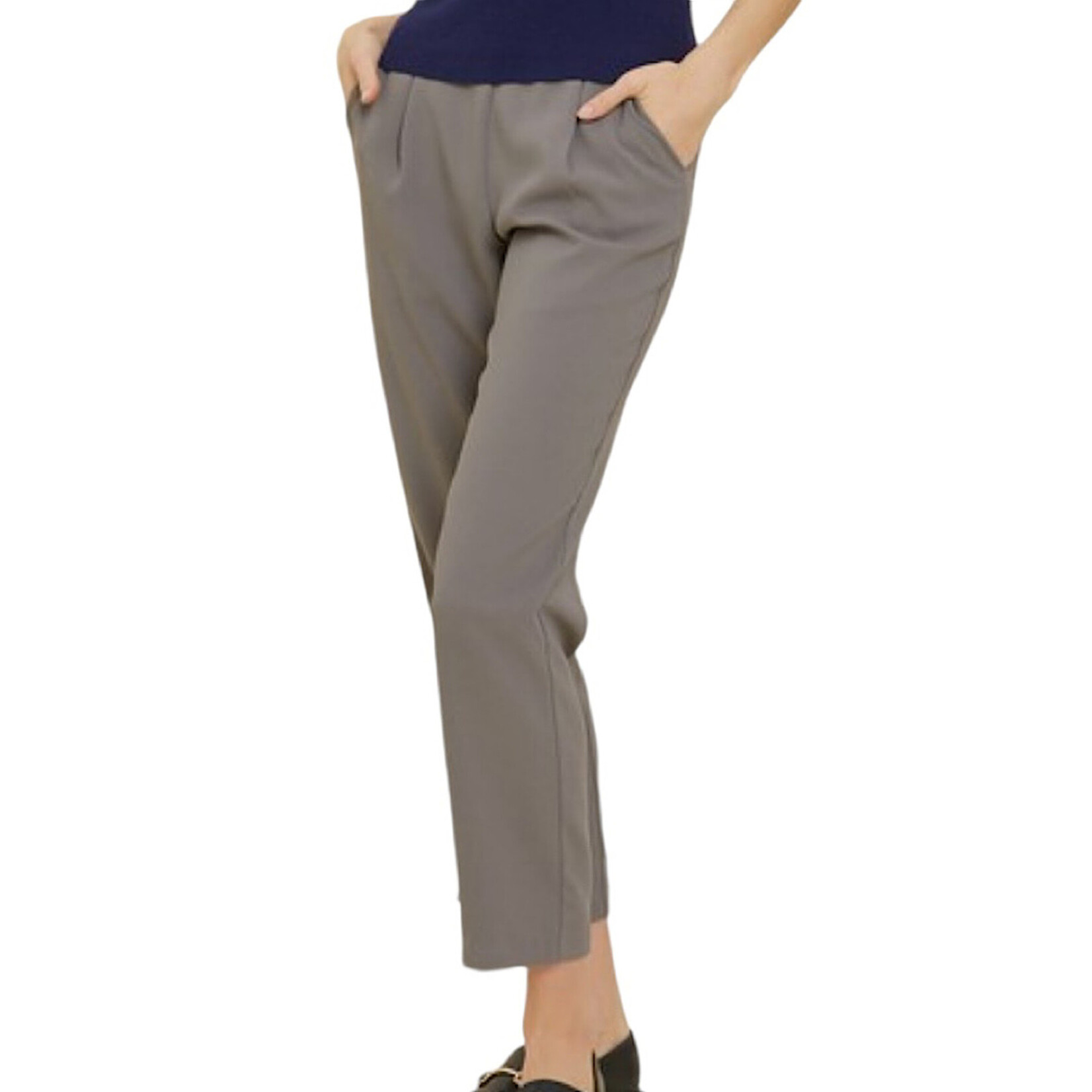 Grey Mid Rise Pant with Elastic Waist and Side Pockets