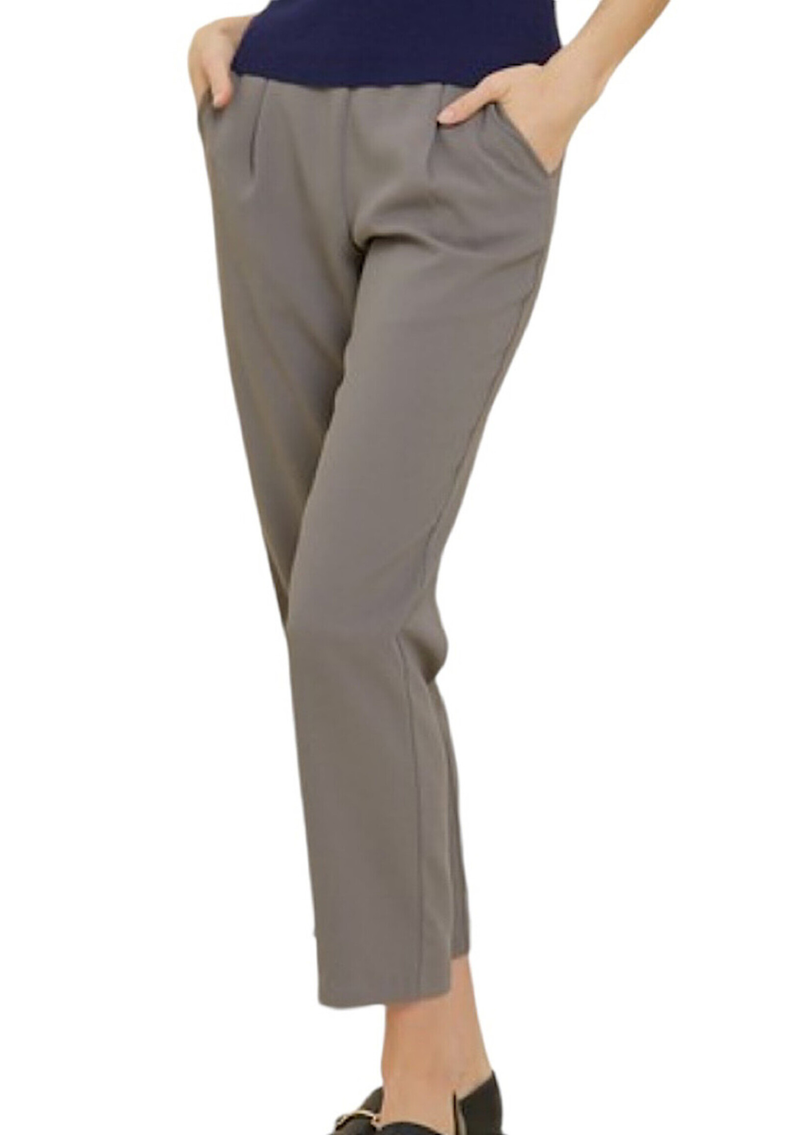 Grey Mid Rise Pant with Elastic Waist and Side Pockets