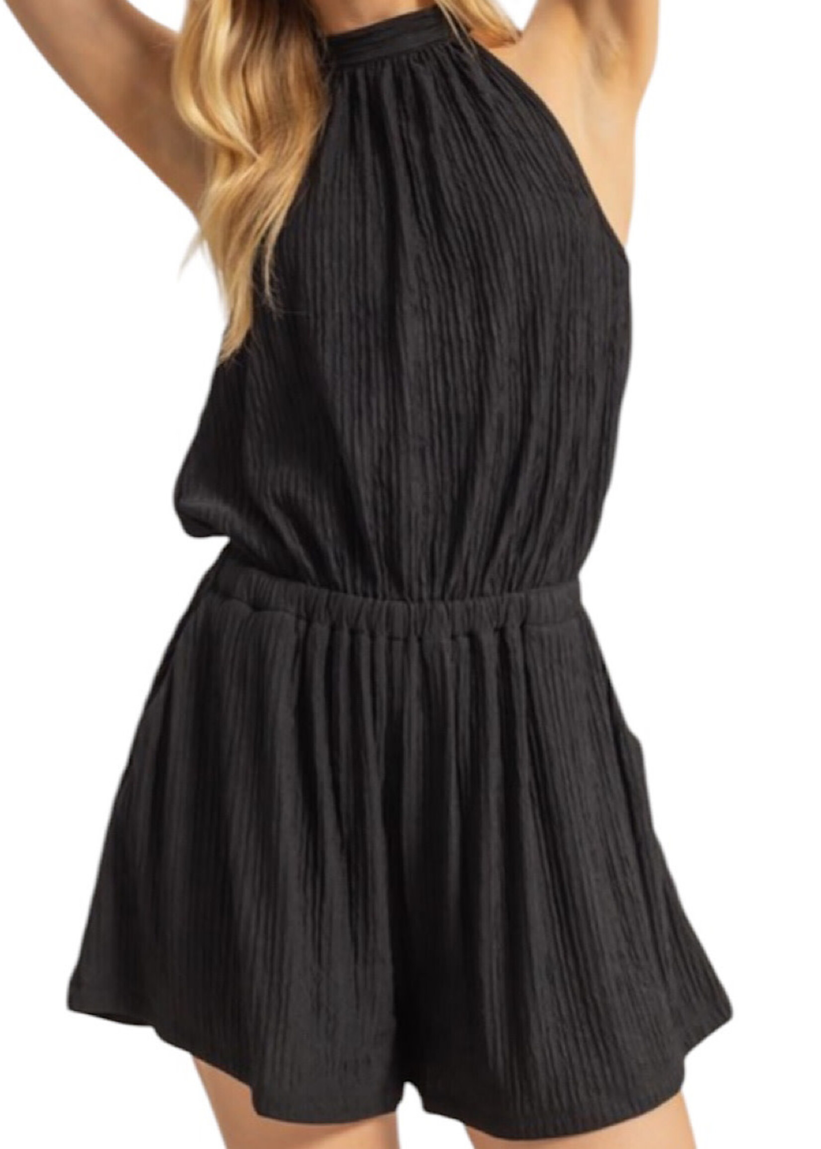 Black Textured Knit Sleeveless Halter Romper