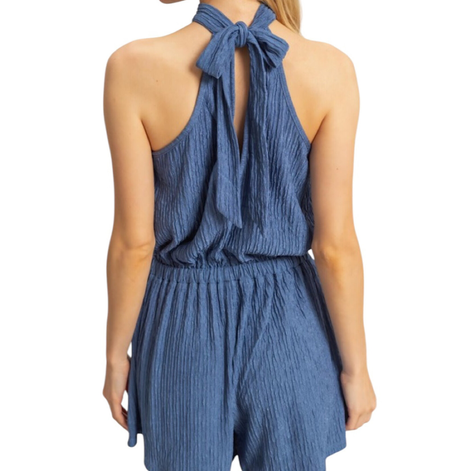 Dark Blue Textured Knit Sleeveless Halter Romper