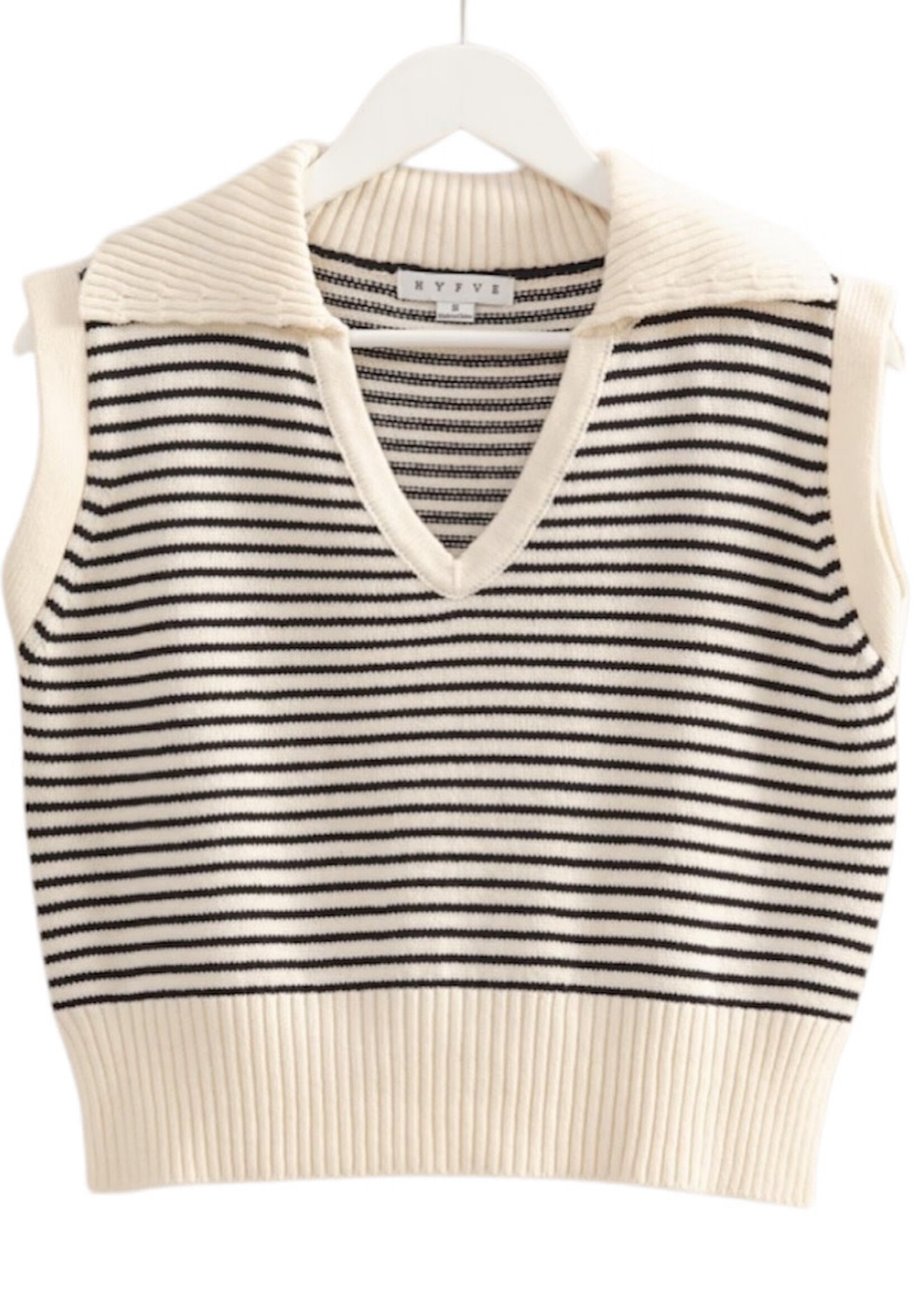 Off White Striped Knit Collared Sleeveless Top