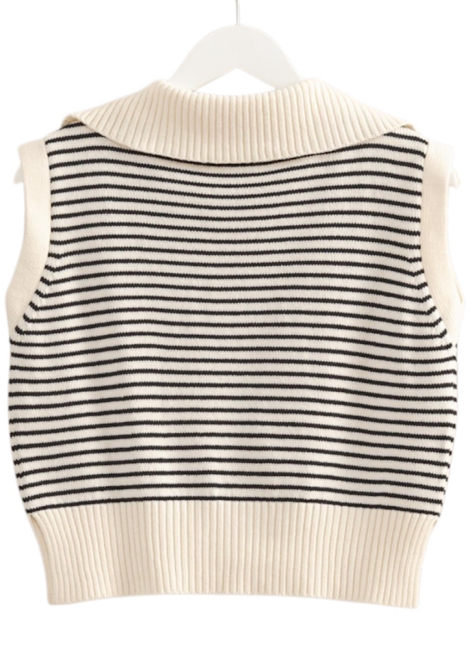 Off White Striped Knit Collared Sleeveless Top