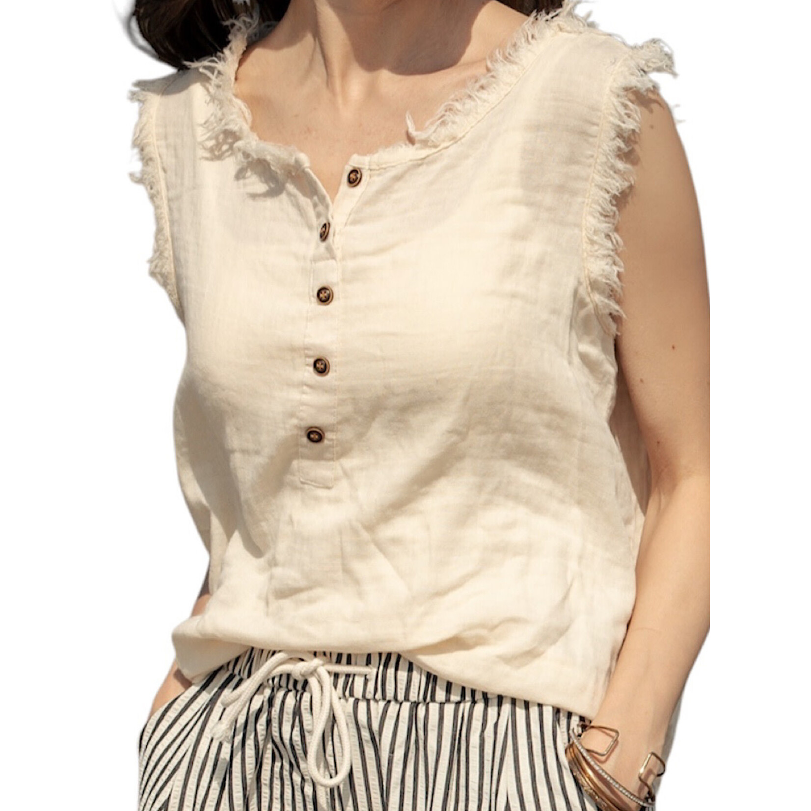 Cream Sleeveless Henley Tank with Raw Hem Sleeves