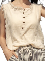 Cream Sleeveless Henley Tank with Raw Hem Sleeves