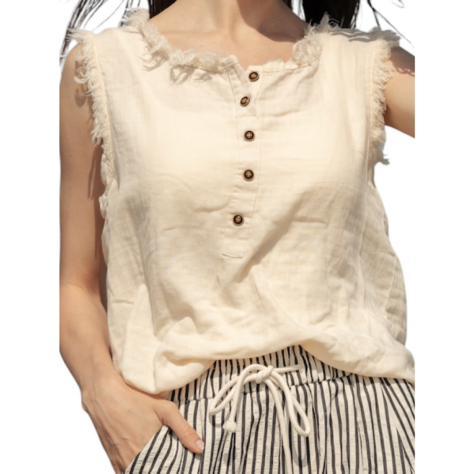 Cream Sleeveless Henley Tank with Raw Hem Sleeves