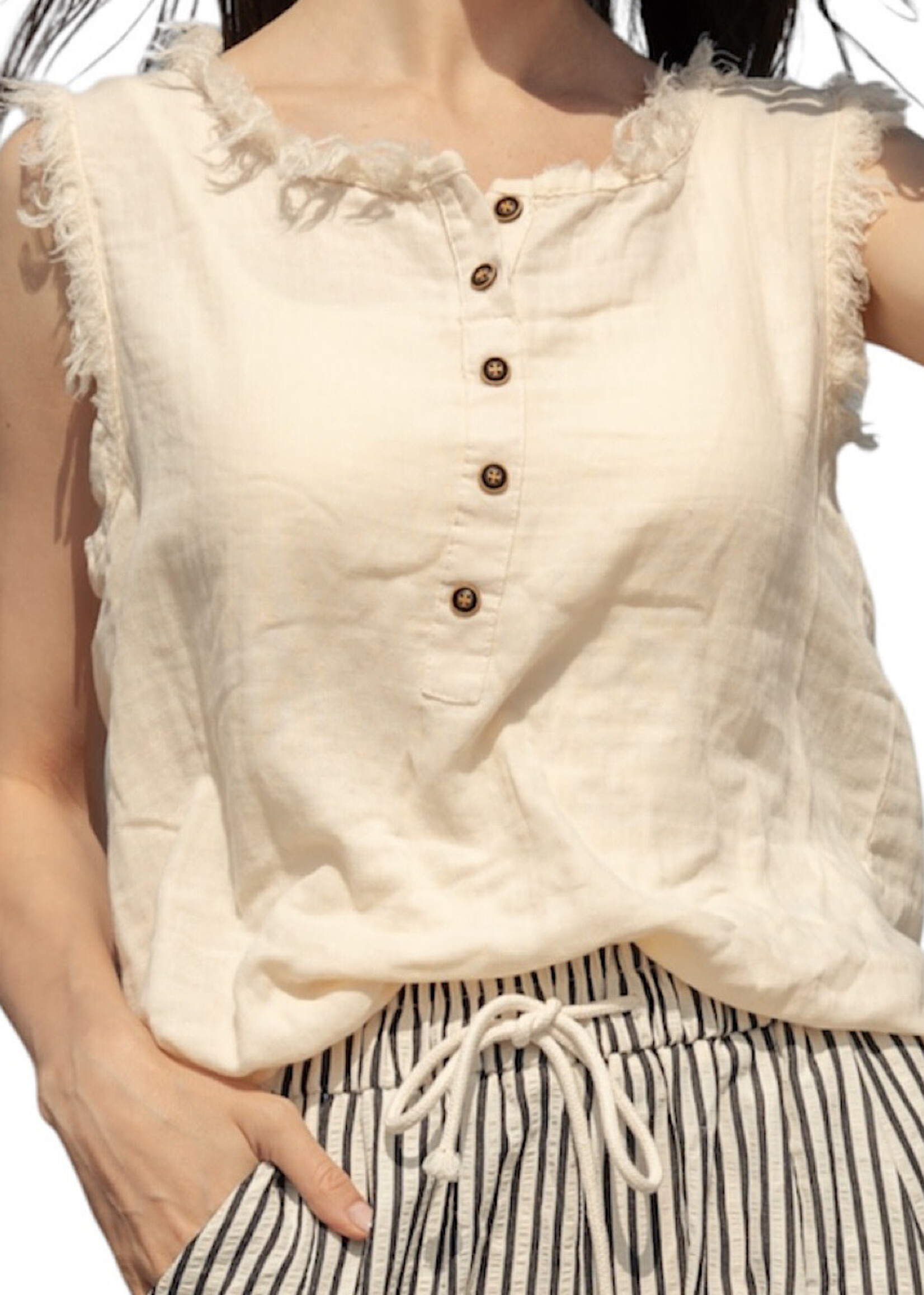 Cream Sleeveless Henley Tank with Raw Hem Sleeves