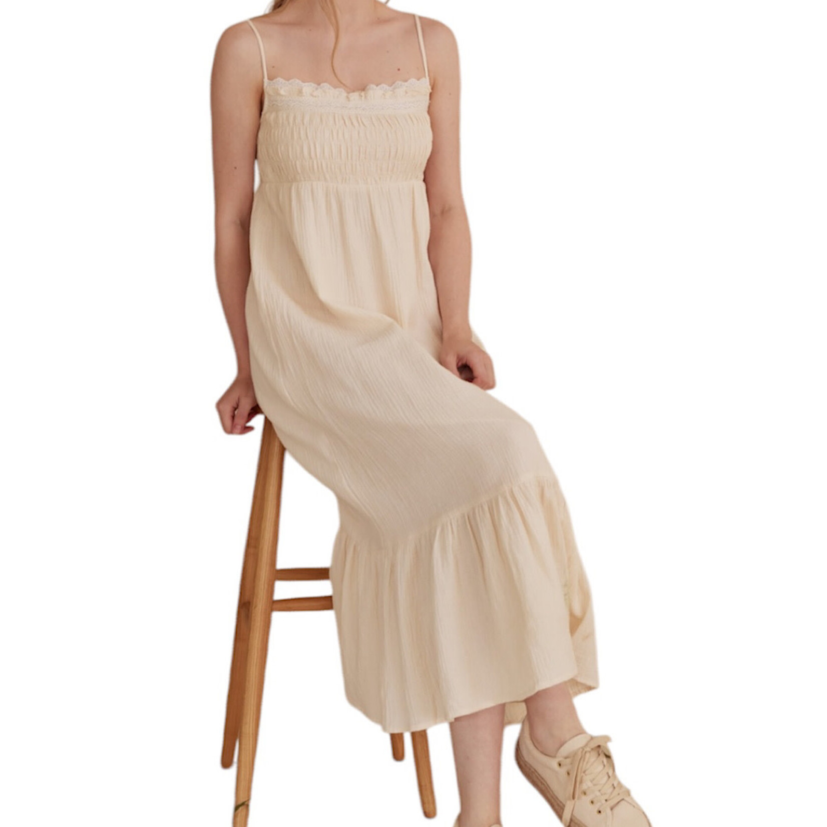 Ivory Spaghetti Strap Ruffle Maxi Dress