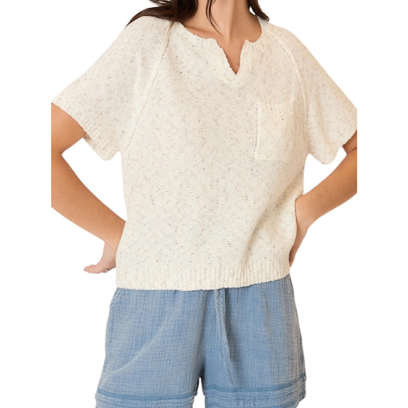 Oatmeal Light Knit Melange Short Sleeve Top