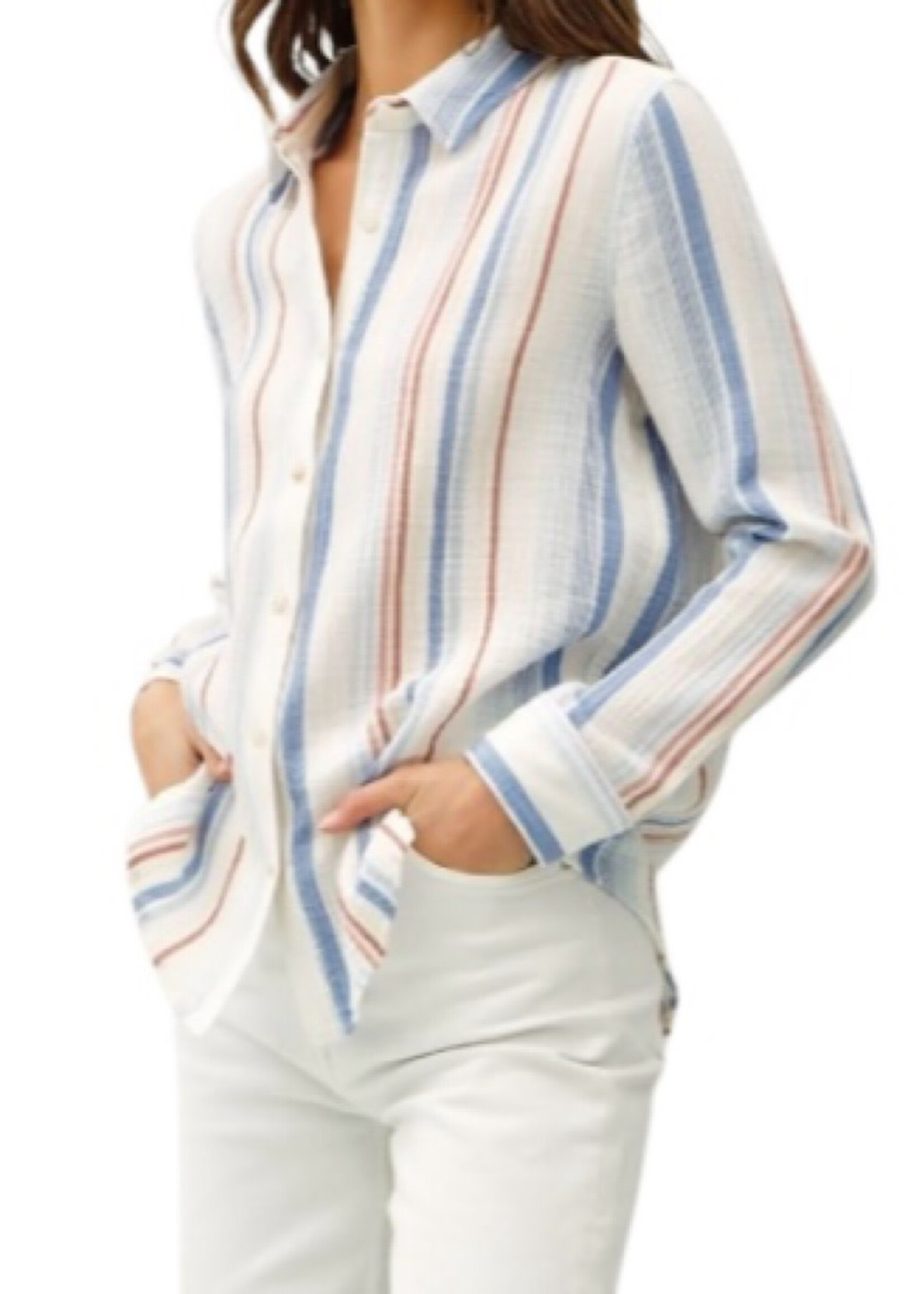 Chambray Striped Gauzy Button Up  w/ Roll Up Sleeves